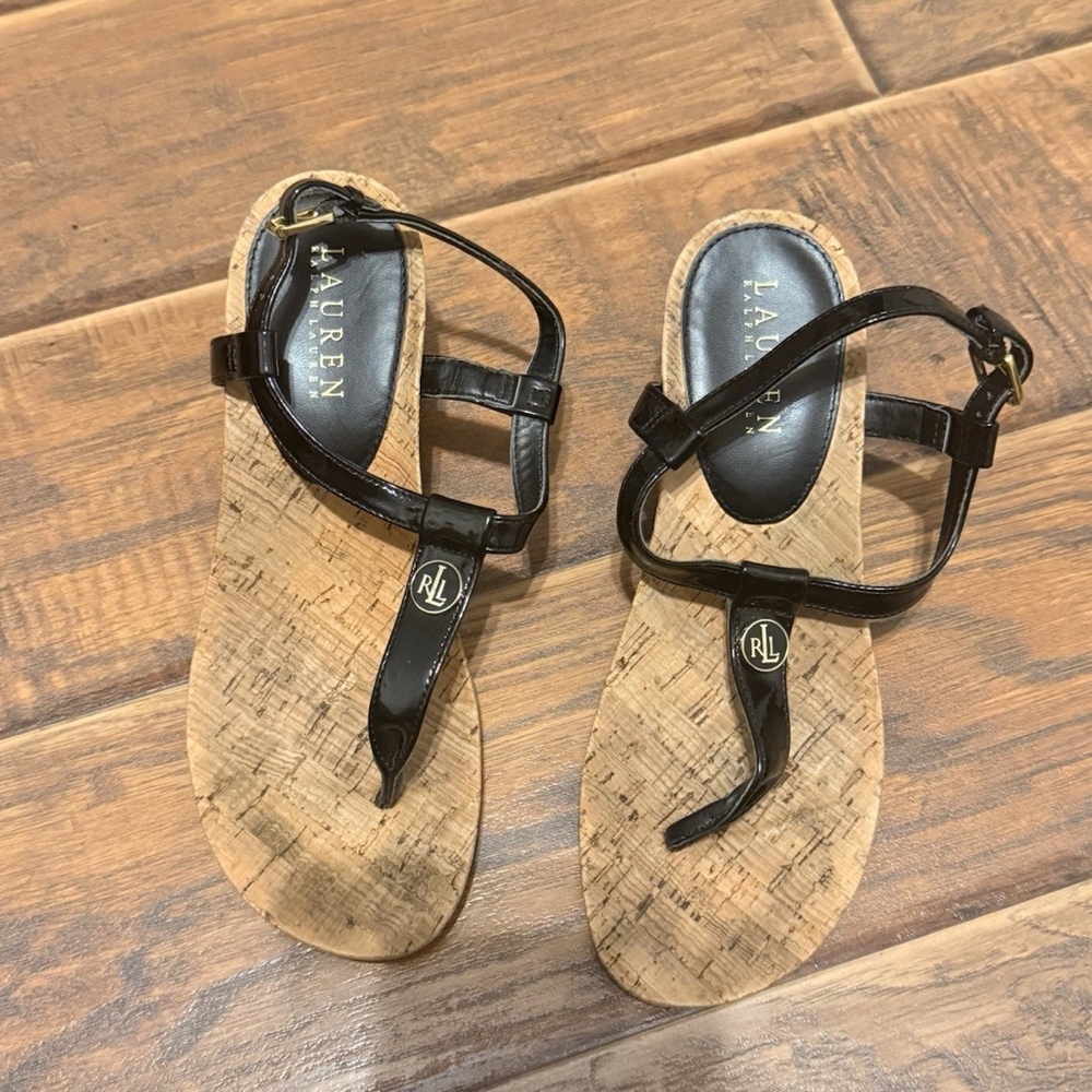 Ralph Lauren Women Patent Leather Sandals Black T-strap Cork Wedge Size 6.5